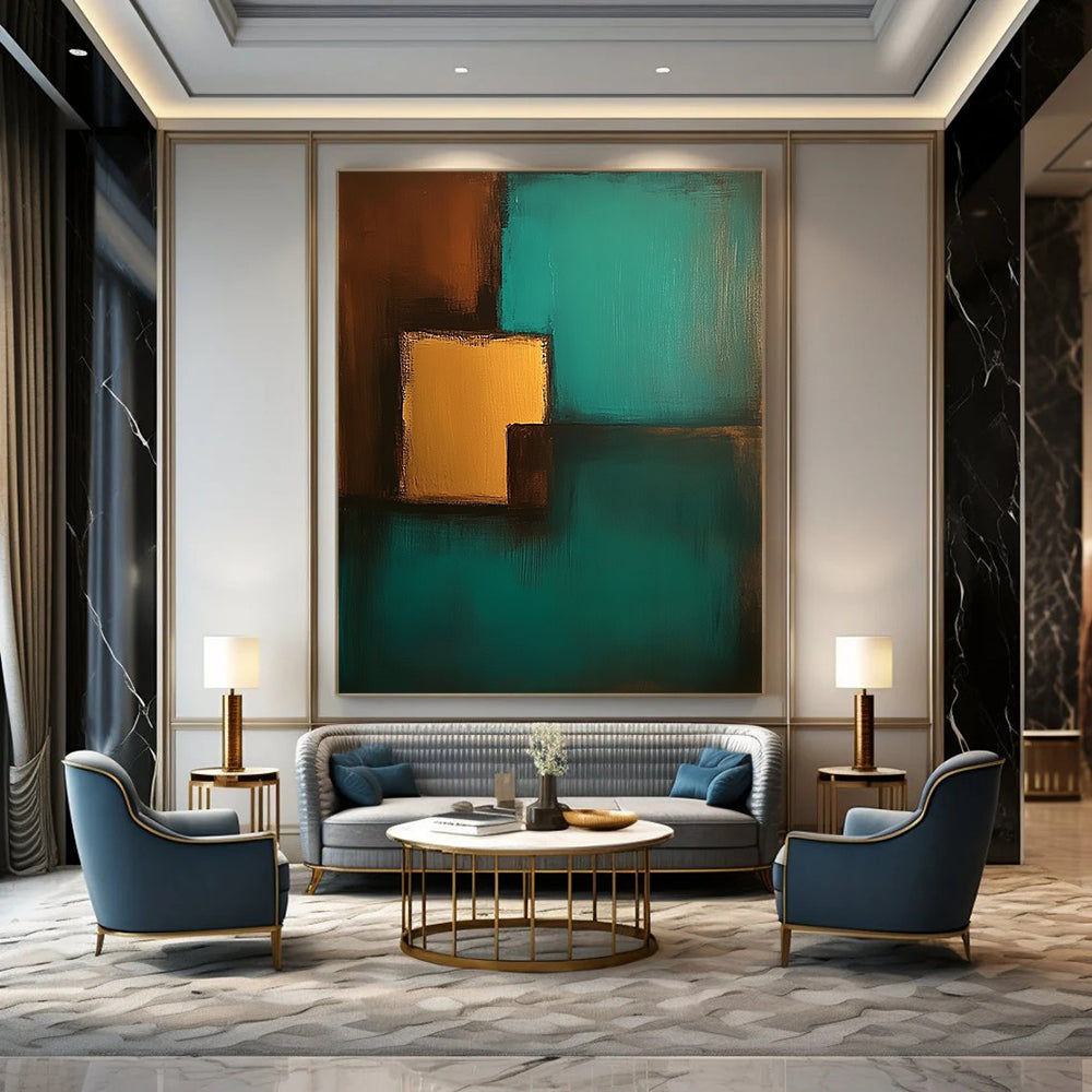 Contemporary hand-painted abstract art featuring teal and brown colors with simple shapes and low contrast for a soothing aesthetic. DLZ1065