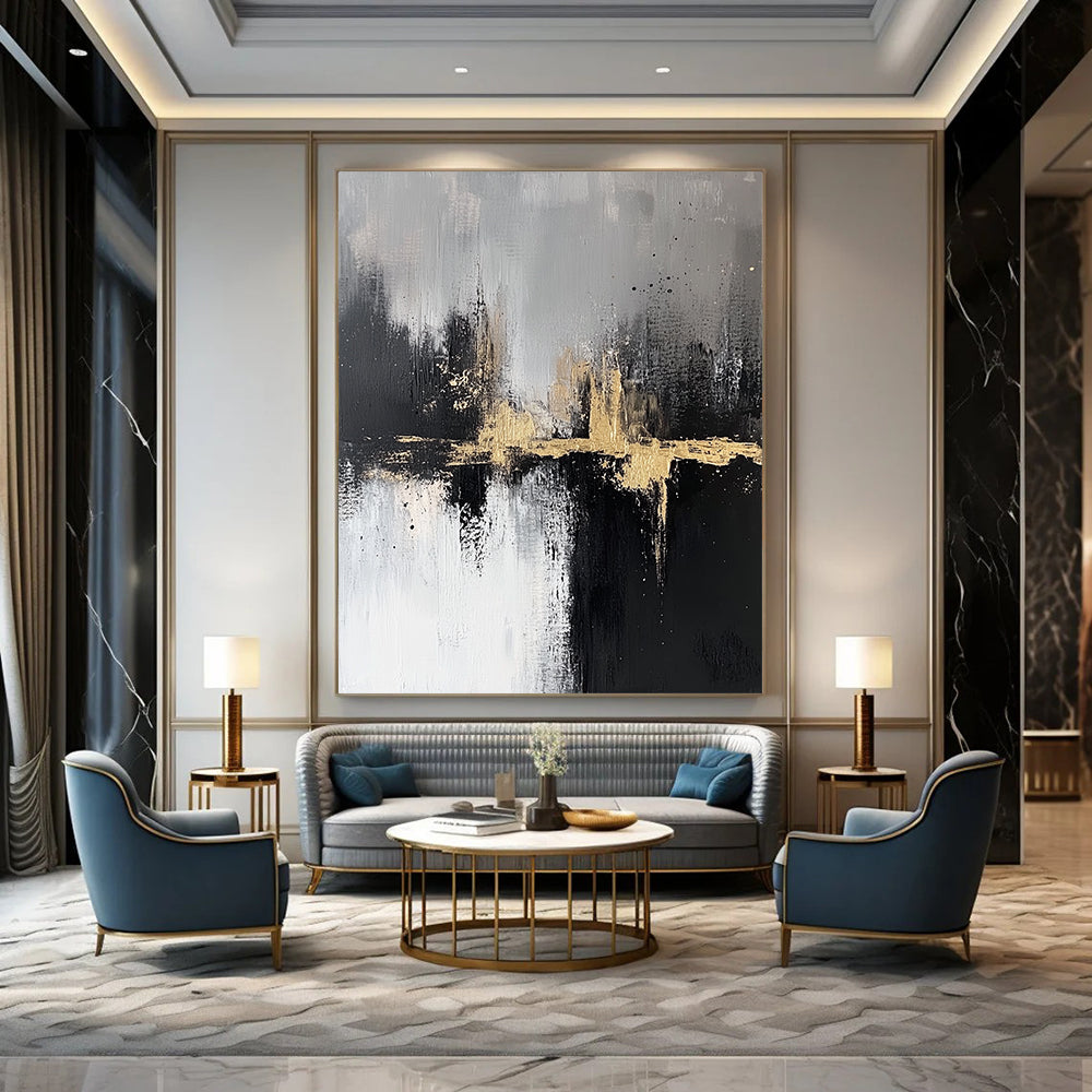 Contemporary abstract artwork featuring textured black and white brush strokes with gold accents capturing a serene cityscape atmosphere in neutral tones. DLZ0317