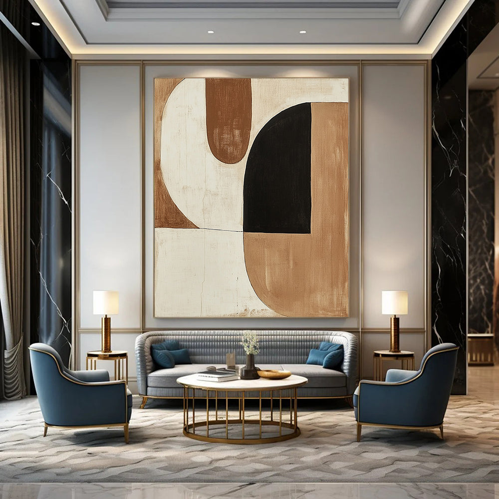 Large contemporary hand-painted abstract artwork featuring minimalist shapes in earth tones and a striking black shape. DLZ1135