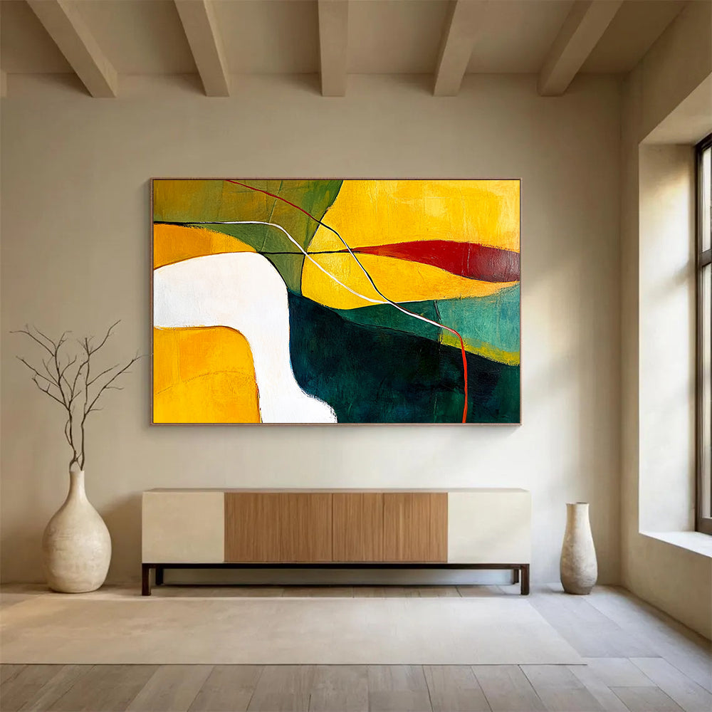 “Colorful Geometric Flow” - Yellow, Green, Red, Geometric Shapes and Lines Painting On Canvas HB0954