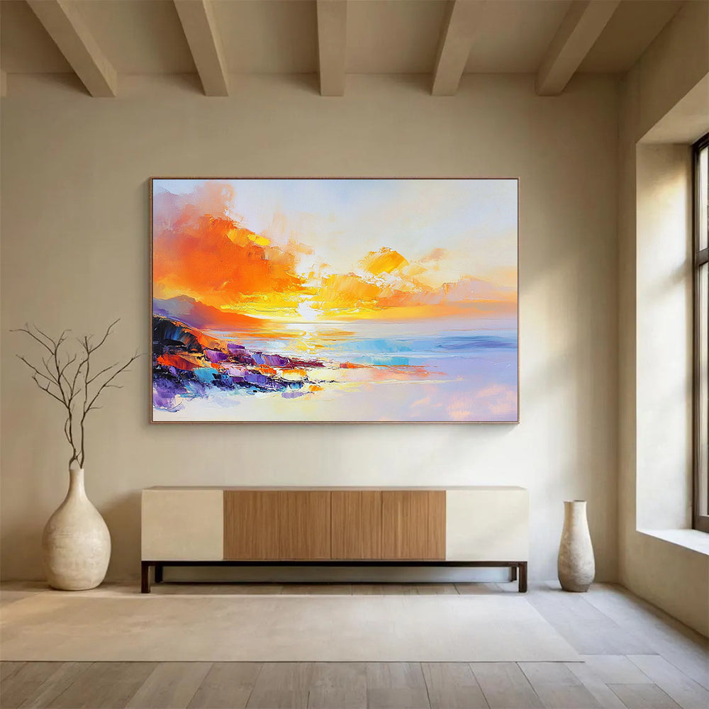 “Vibrant Sunset Coast” - Fiery Oranges, Yellows, Pinks, Colorful Coastal Cliffs - Impasto Oil Painting HB1738