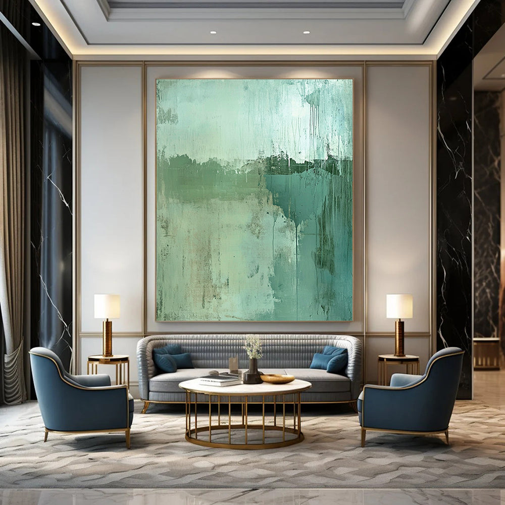 Contemporary hand-painted abstract artwork features a worn landscape in green and blue tones with textured depth and a subtle focal point for intrigue. DLZ0962