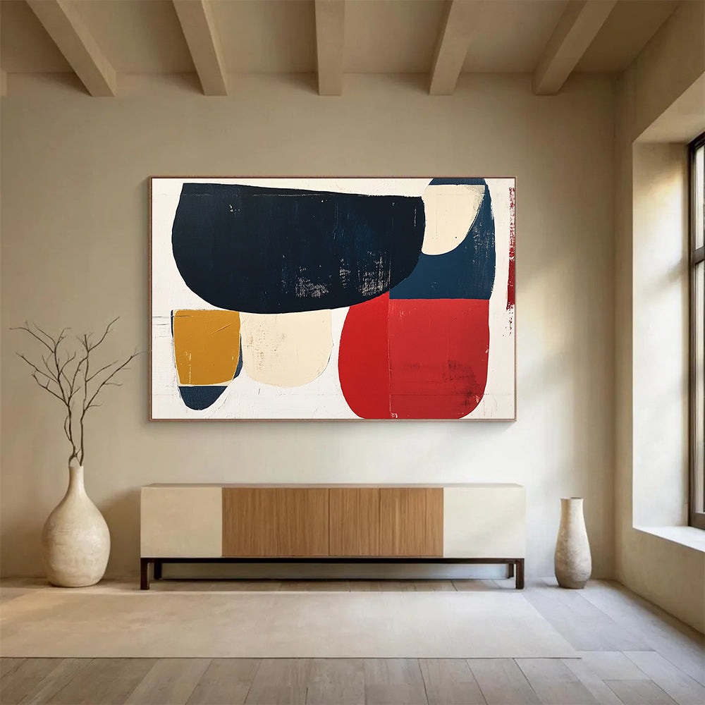 “Colorful Geometric Shapes” - Navy, red, beige, mustard, Modern Abstract Painting On Canvas HB0615