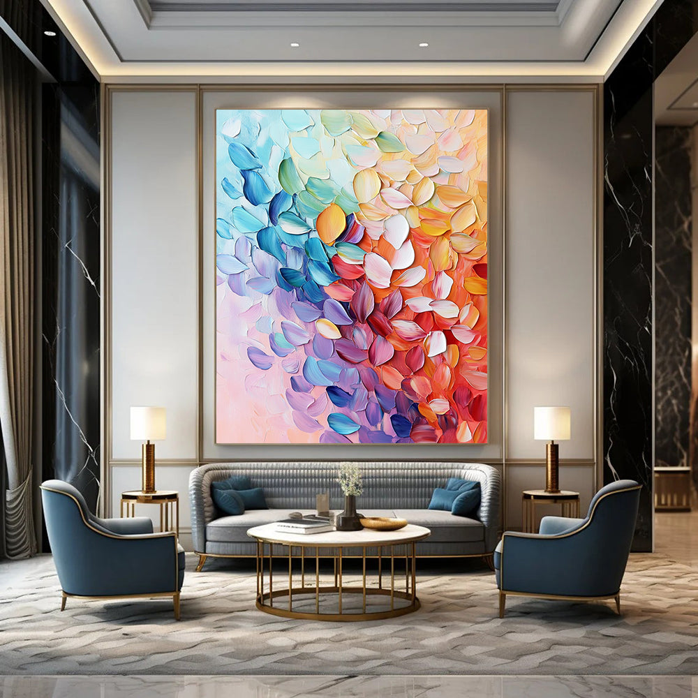 Contemporary hand-painted abstract art featuring textured leaves and vibrant foliage in pink blue purple orange and green with rich details and delicate brushstrokes. DLZ1568
