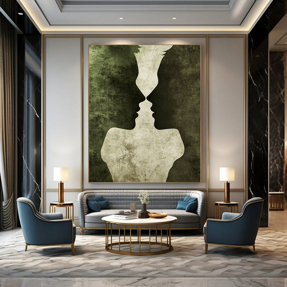 Contemporary hand-painted abstract artwork featuring entwined silhouettes in dark green and gray tones symbolizing love with rich textures and romantic atmosphere. DLZ1337