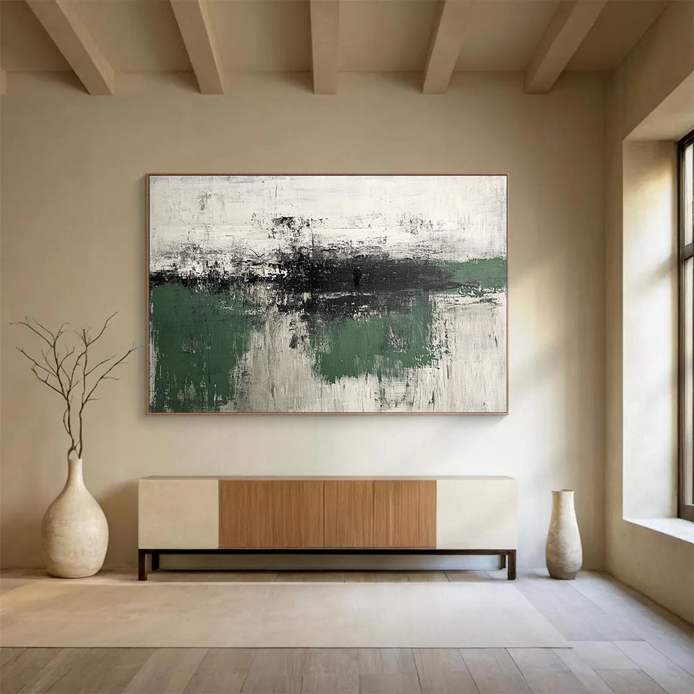 “Green - Gray Textures” - Green, Gray, White, Abstract Textured Landscape Painting On Canvas HB1065