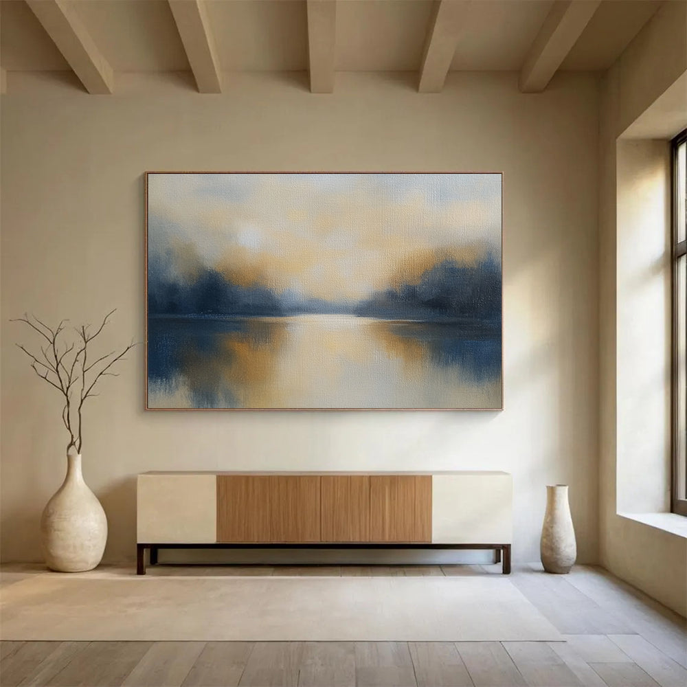 “Misty Lake at Dawn” - Greys, Yellows, Blues, Foggy Lake - Minimalist Oil Painting HB1569