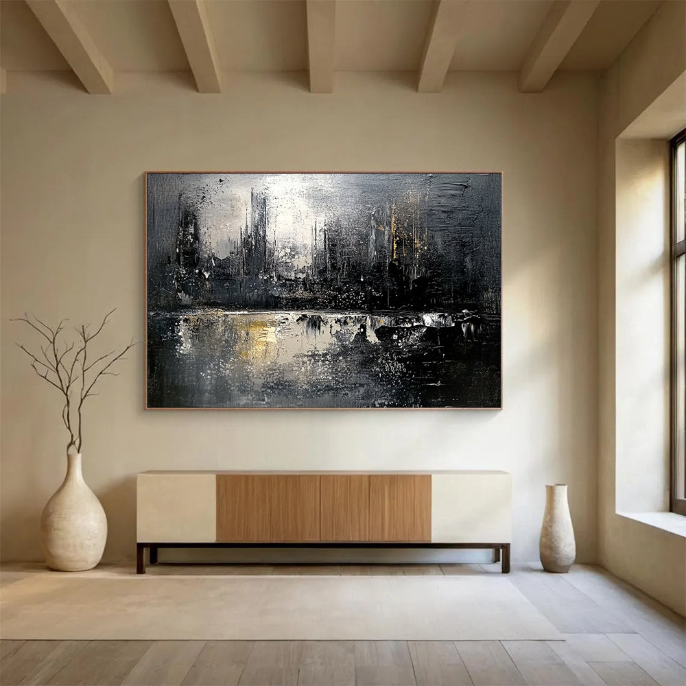 “Monochrome Cityscape Reflection” - Black, White, Gold, Abstract City Reflection HB1129
