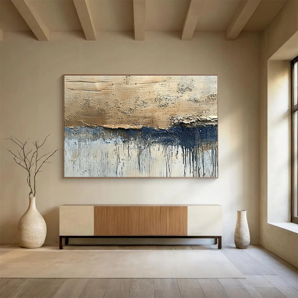 “Textured Earth Tones” - Beige, Blue, White, Raw Textured Painting On Canvas HB1014