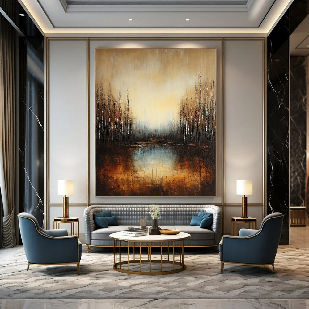Large contemporary abstract painting featuring a deep brown and grey gradient with earthy orange hues and reflective water surrounded by soft blue trees. DLZ1294