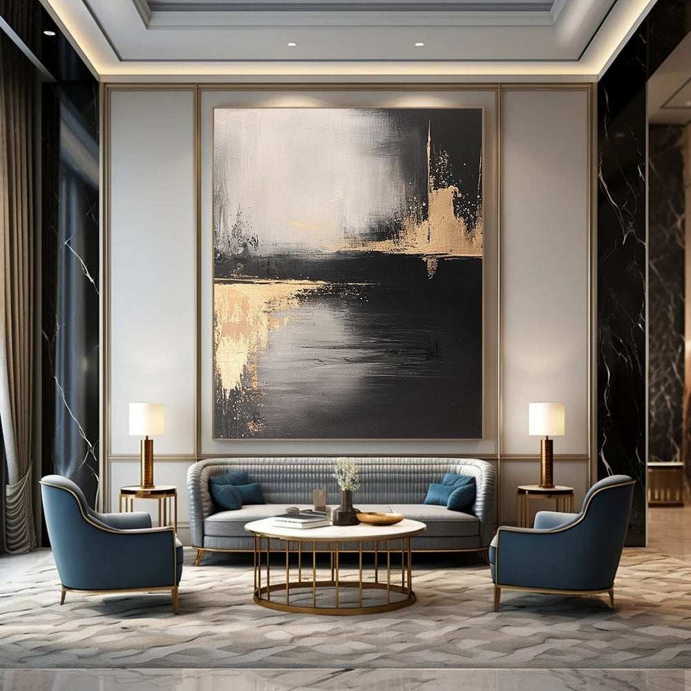 Contemporary abstract art featuring a monochromatic palette of black and gold with textured brush strokes and subtle contrasts of light and shadow. DLZ0296