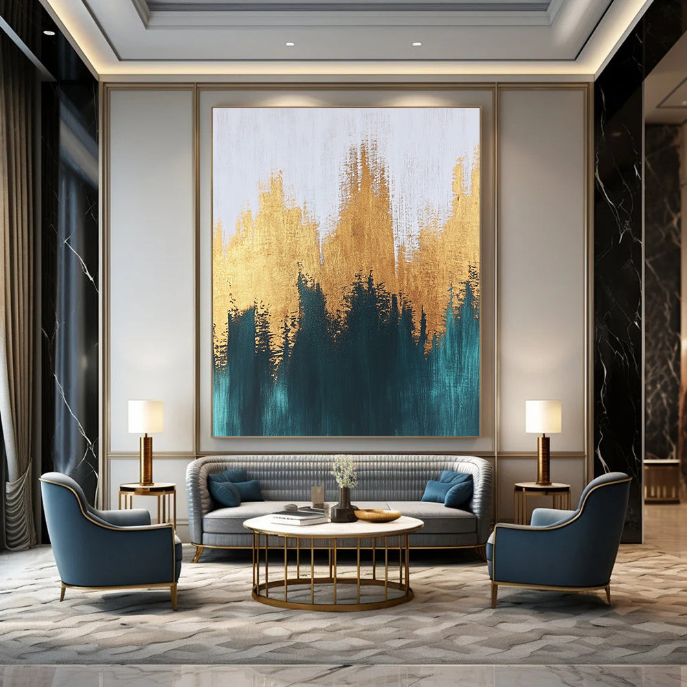 Contemporary abstract painting with textured brush strokes featuring gold and teal hues creating a serene and balanced composition on a large canvas. DLZ0388