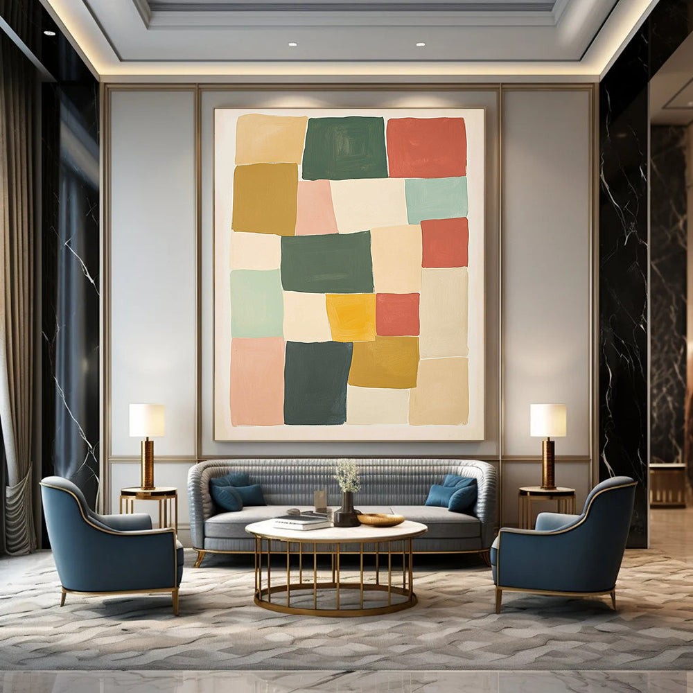 Contemporary hand-painted abstract artwork features geometric blocks in shades of green red and yellow against a beige background creating a harmonious composition. DLZ1596