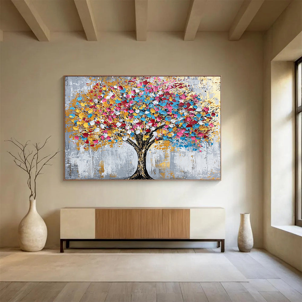 “Colorful Dot Tree” - Gray background, multicolor dots, golden accents, Abstract Tree Painting On Canvas HB0590
