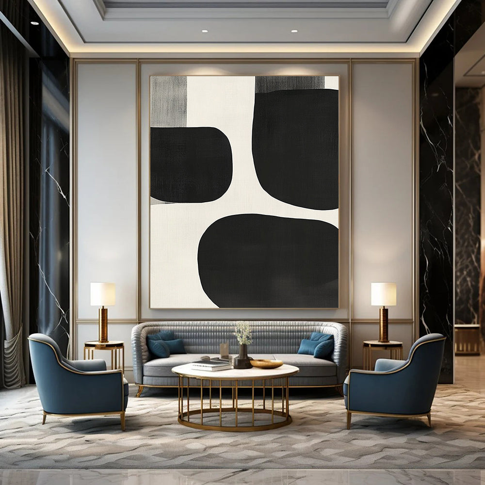 Contemporary hand-painted abstract artwork featuring black and white shapes, overlapping organic forms, soft edges, and a minimalist style inspired by mid-century modern design. DLZ1552