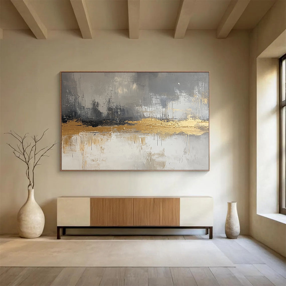 “Gilded Gray Layers” - Gray, Gold, White, Textured Abstract Layers Painting On Canvas HB1053