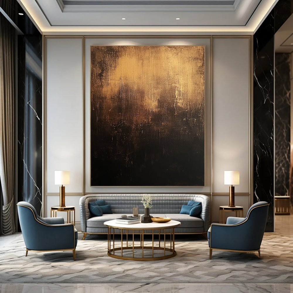 Contemporary abstract art features a dark brown distressed background with textured dark grays and subtle gold accents in a captivating style. DLZ1241