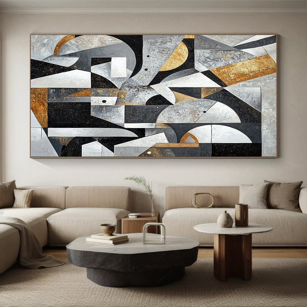 Gray, Black, White, Gold and Brown Geometric Abstraction "Vintage Geometry" Painting On Canvas HB395