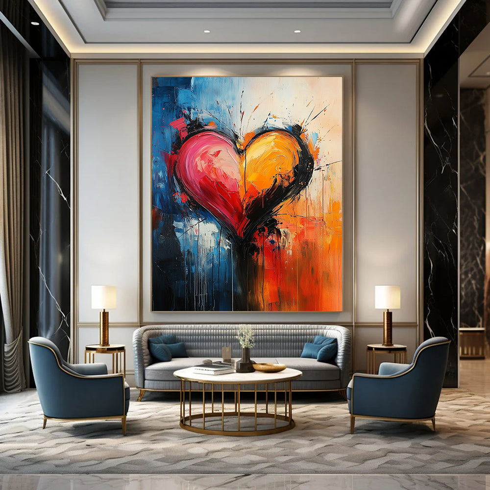 Contemporary abstract art features a heart shape in vibrant swirling colors embodying passion with expressive brushwork and dynamic composition on canvas. DLZ1272
