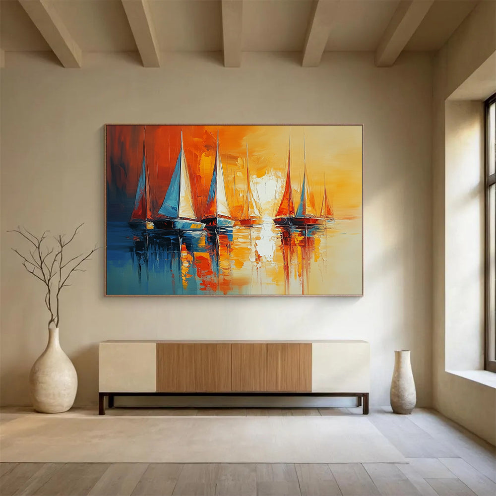 “Sunset Sails” - Orange, yellow, blue; Sailboats on calm water at sunset; Impasto Oil Painting On Canvas HB1166
