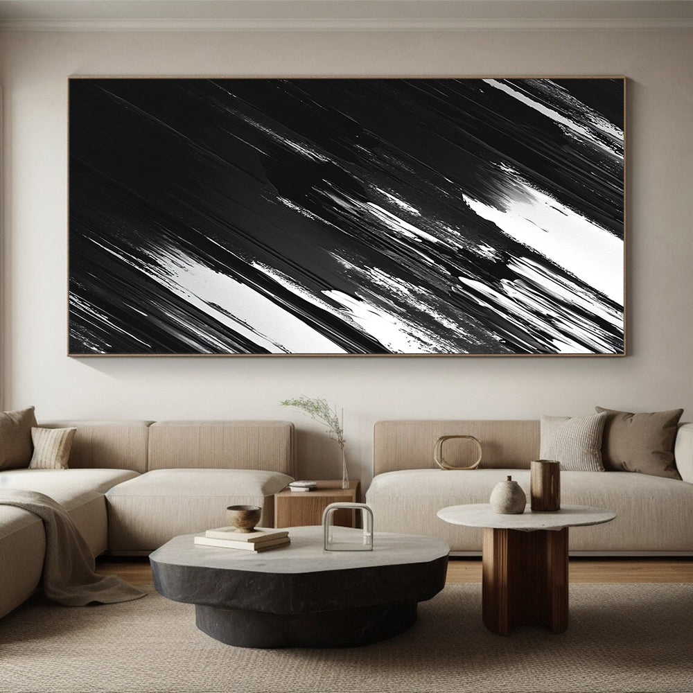 Black, White and Gray Dynamic Strokes "Shadow Motion" Painting On Canvas HB313