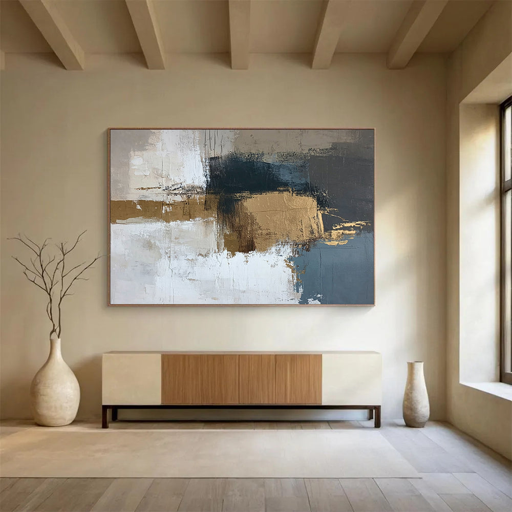 “Subtle Blends” - Beige, Blue, Gold, Textured Abstract Blocks Painting On Canvas HB1043