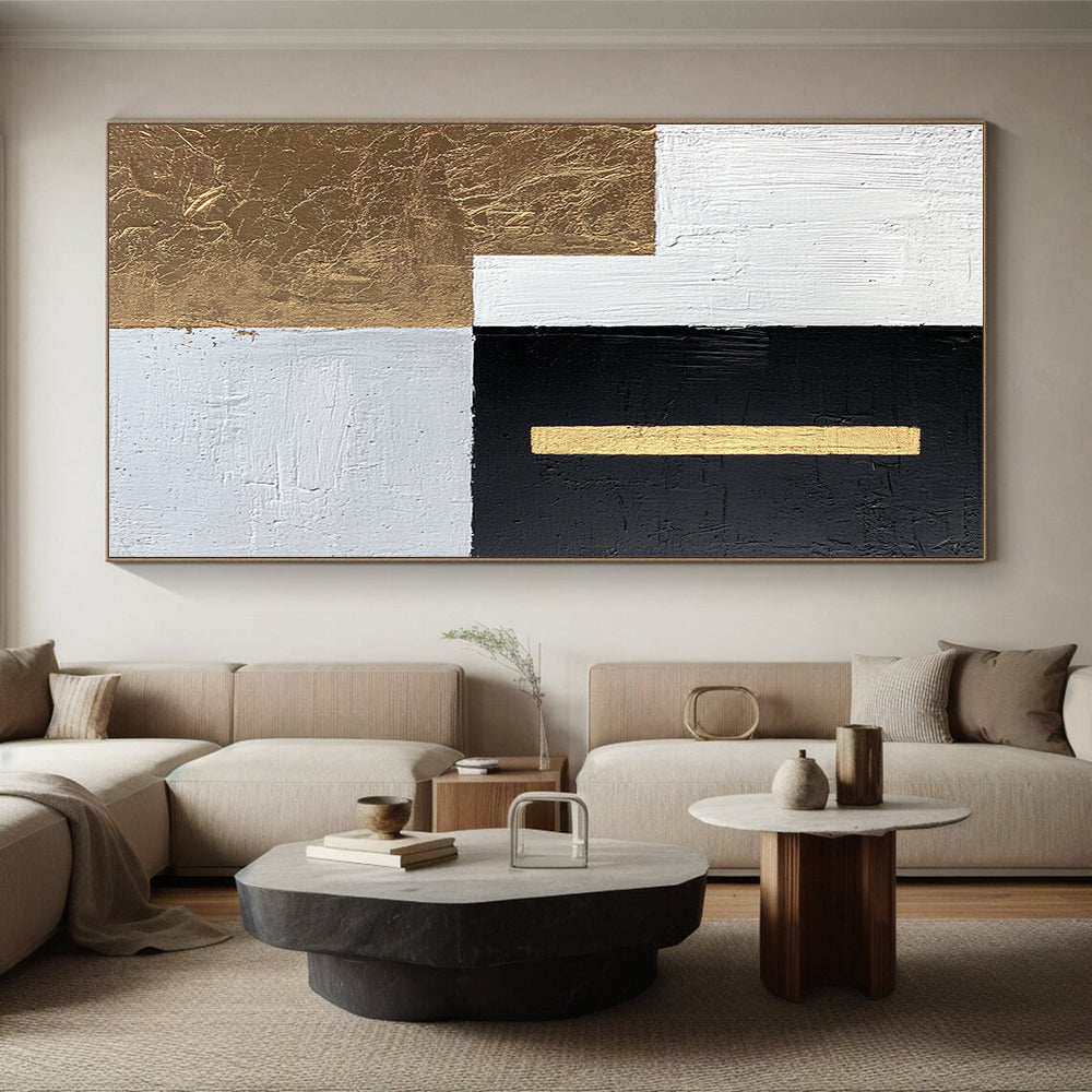 White, Black, Gold, Light Gray with Geometric Blocks "Elegant Division" Abstract Painting On Canvas HB011