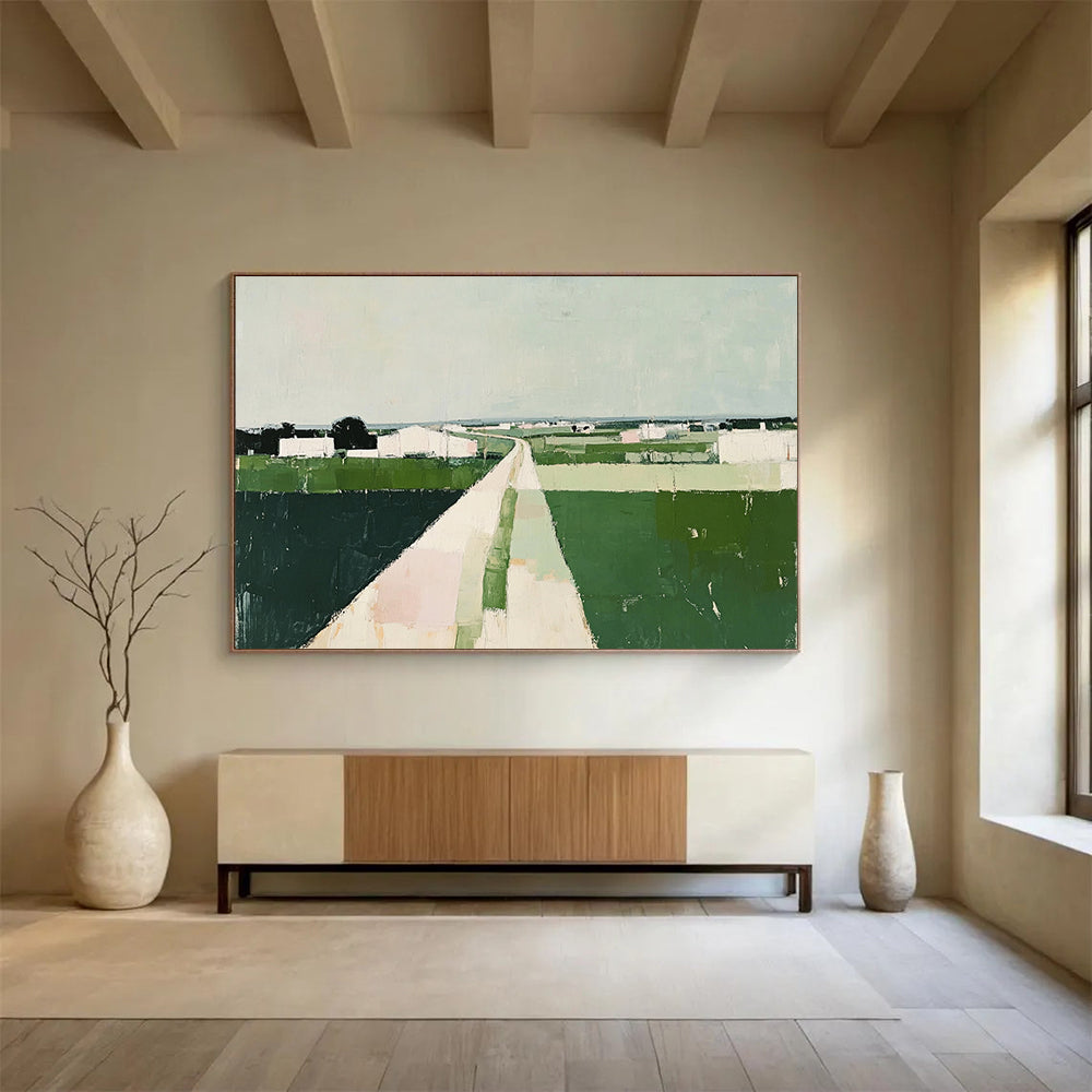 “Rural Pathway” - Green, White, Pastel Tones, Abstract Landscape - Acrylic Painting HB1480