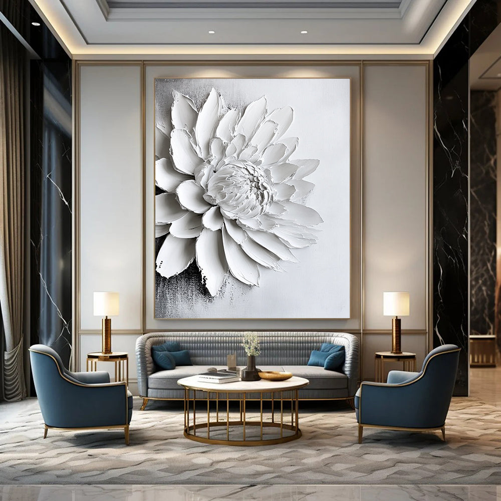 Contemporary abstract art featuring a textured white chrysanthemum painting on canvas, creating a striking monochrome aesthetic for modern interiors. DLZ0831