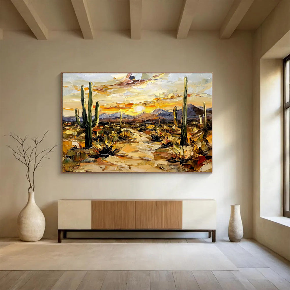 “Desert Sunset with Cacti” - Warm Oranges, Yellows, Greens, Desert Landscape with Cacti - Impasto Oil Painting HB1686