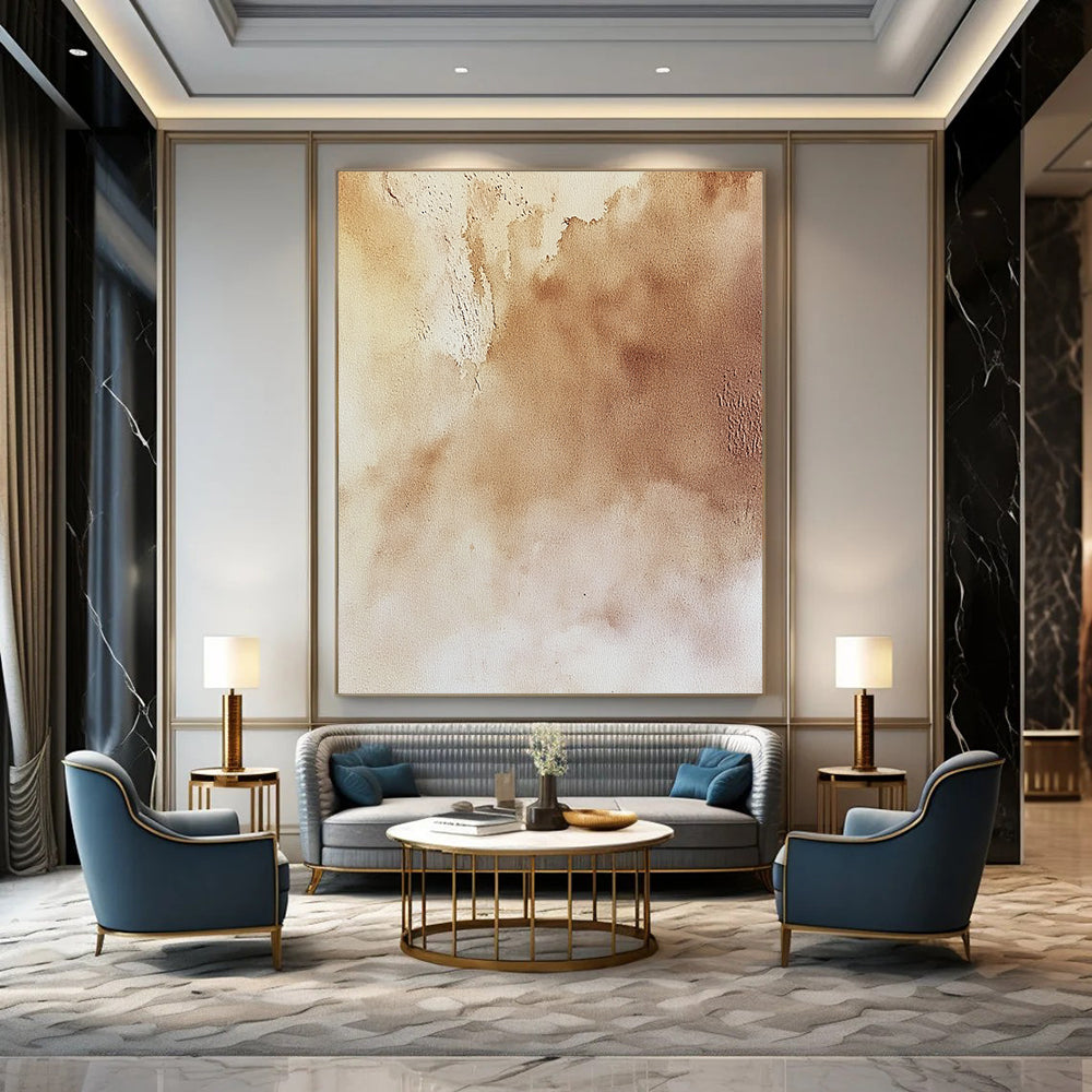 Contemporary hand-painted abstract artwork featuring soft beige textures atmospheric skies and intricate natural landscapes in light and dark shades. DLZ1723