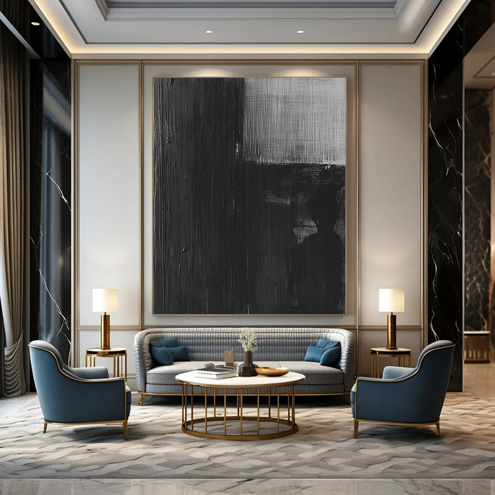 Contemporary abstract painting featuring a black and white oil depiction of an old film negative with a grainy eerie texture. DLZ1142
