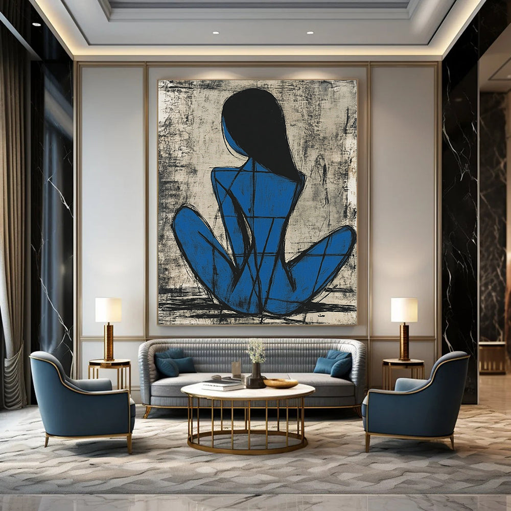 Contemporary abstract painting featuring a blue female figure in Picasso style sitting gracefully with thick lines and simple shapes on a grayish-blue background. DLZ1156