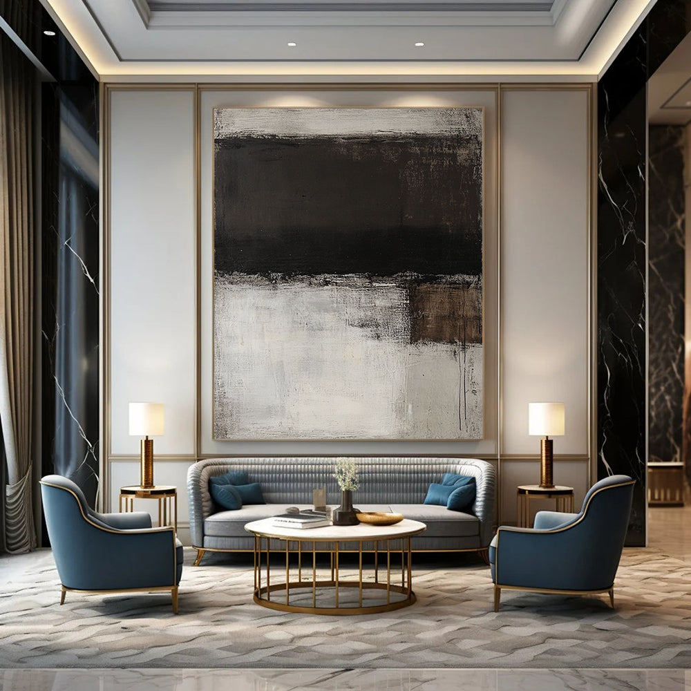 Contemporary hand-painted abstract art featuring a monochromatic white and grey palette with dark brown stripes and rich textured brush strokes on wood panel. DLZ1079