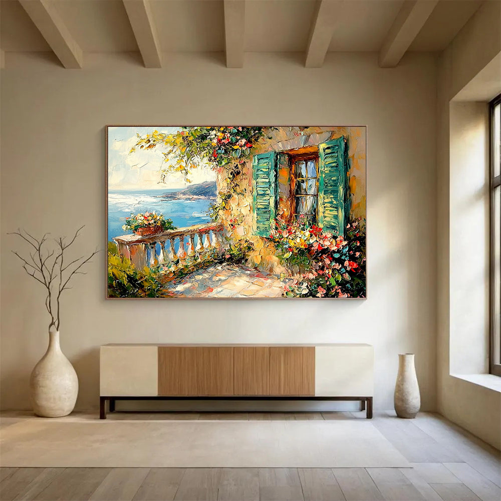 “Mediterranean Balcony” - Blue, Green, Colorful Flowers, Coastal Balcony - Impasto Oil Painting HB1681