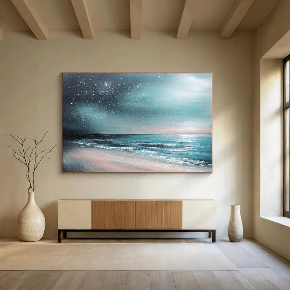 “Aurora Beach” - Teals, Pinks, Purples, Beach Under a Starry, Aurora - Like Sky - Impasto Oil Painting HB1742