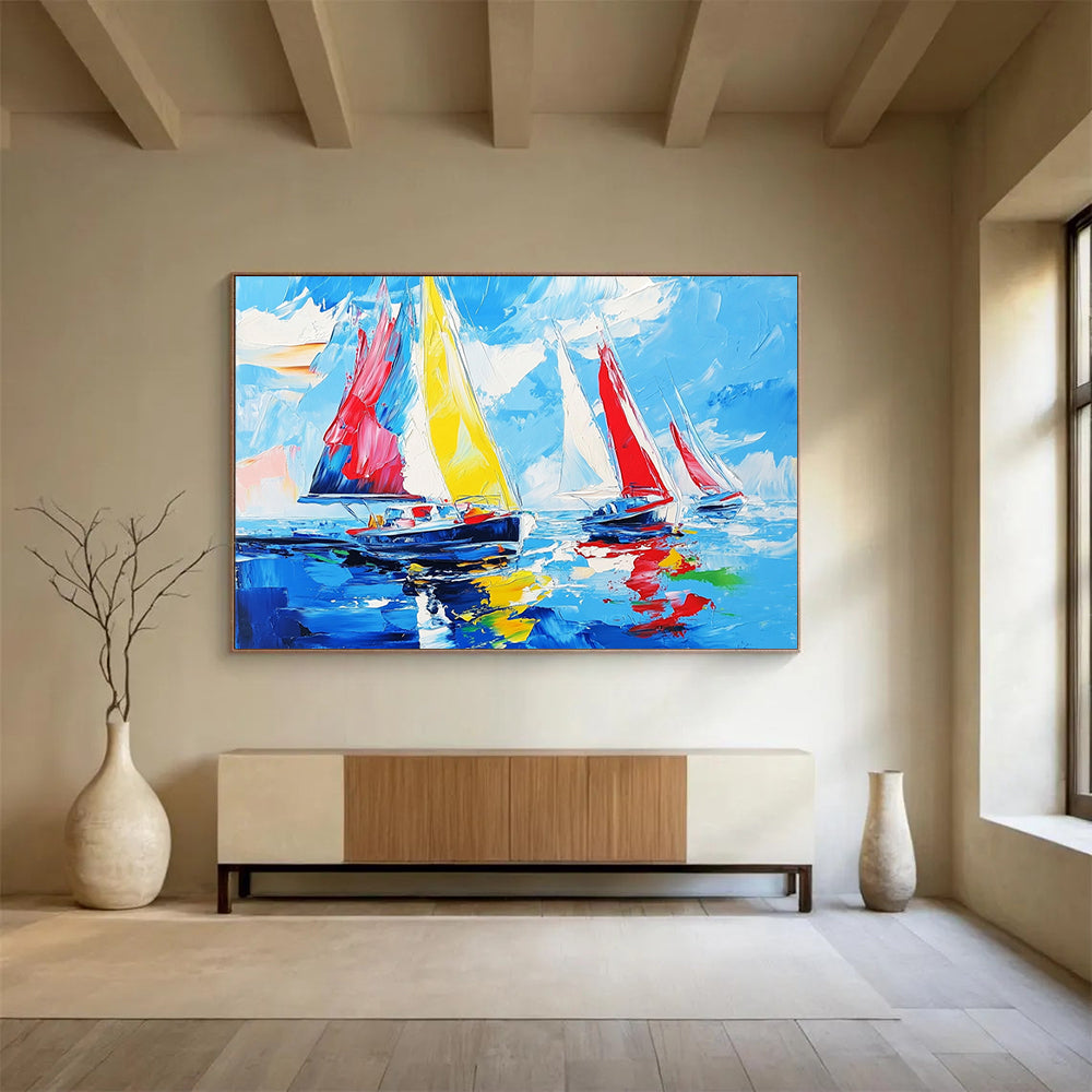“Colorful Sailboat Race” - Bright Yellows, Reds, Blues, Sailboats on the Sea - Impasto Oil Painting HB1732