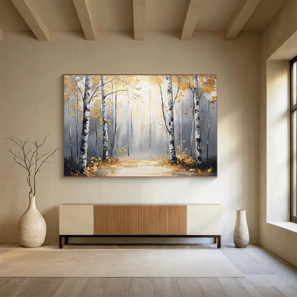 “Sunlit Golden Birch Forest Path” - Gold, Gray, Birch Trees, Forest Path - Abstract Landscape Painting HB1684