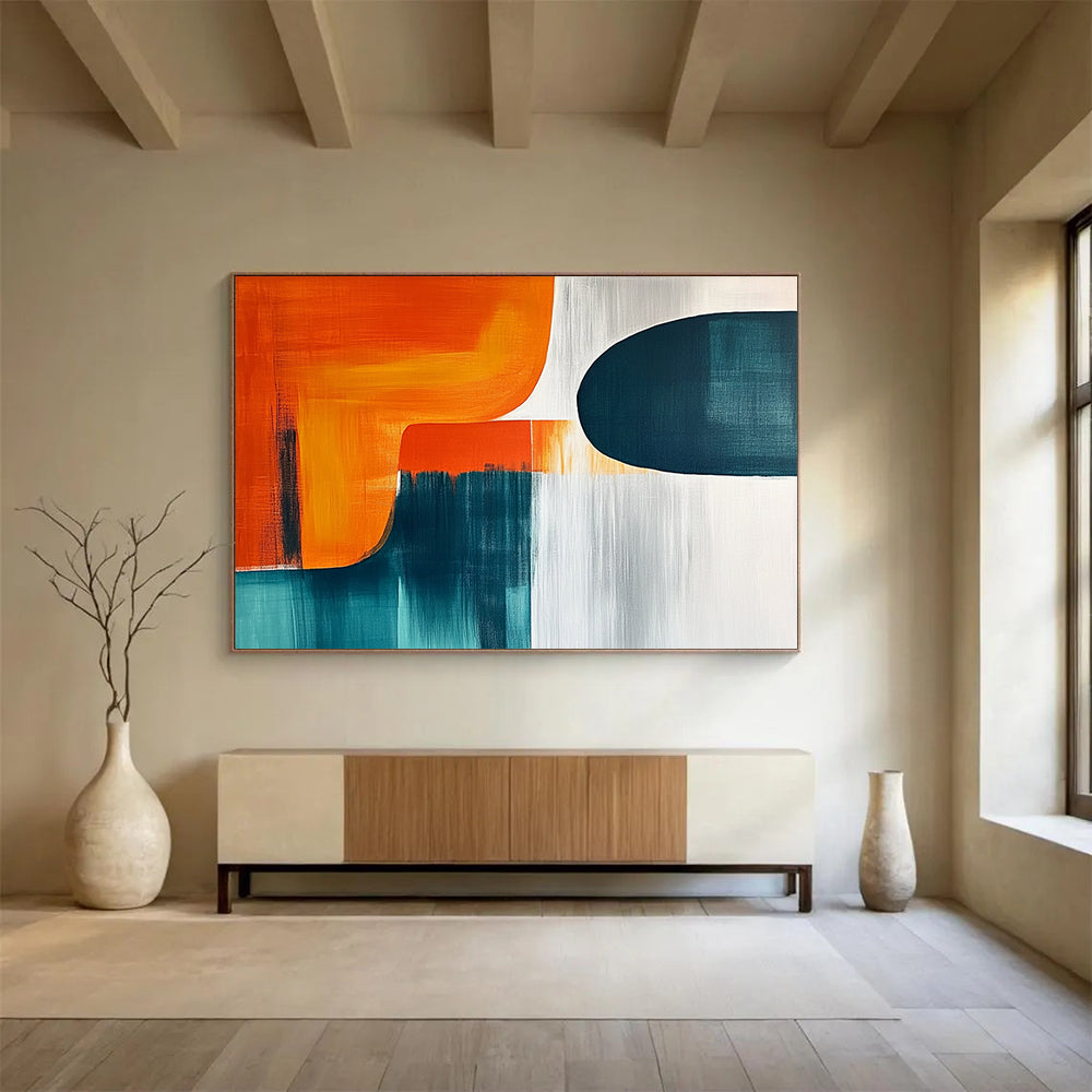 “Color - Blocked Abstract” - Orange, teal, white; Color - blocked abstract with soft transitions; Acrylic Painting On Canvas HB1270