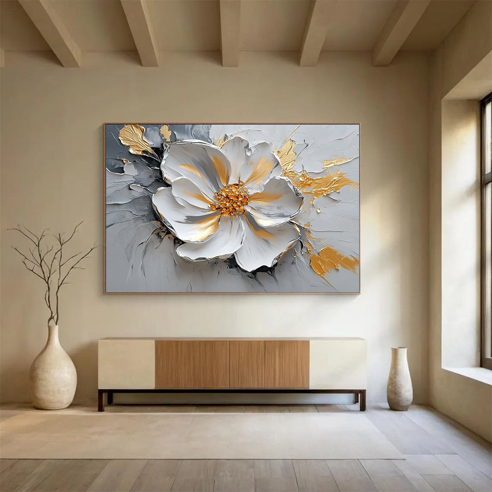 “Textured Floral Elegance” - Gray, White, Gold, 3D - like Abstract Flower Painting On Canvas HB1083