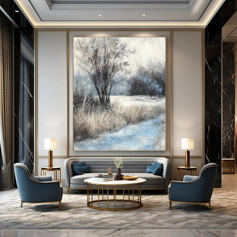 Contemporary hand-painted abstract artwork captures serene winter landscape with soft pastel colors and textured brushstrokes for a tranquil ambiance. DLZ1524