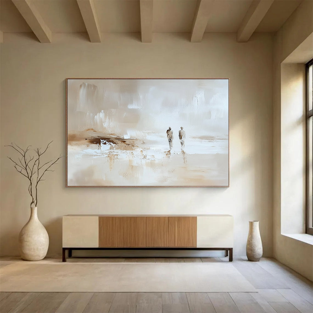 “Beach Stroll in Neutral Tones” - Beige, white, brown; Two figures walking on an abstract beach; Impasto Oil Painting On Canvas HB1196
