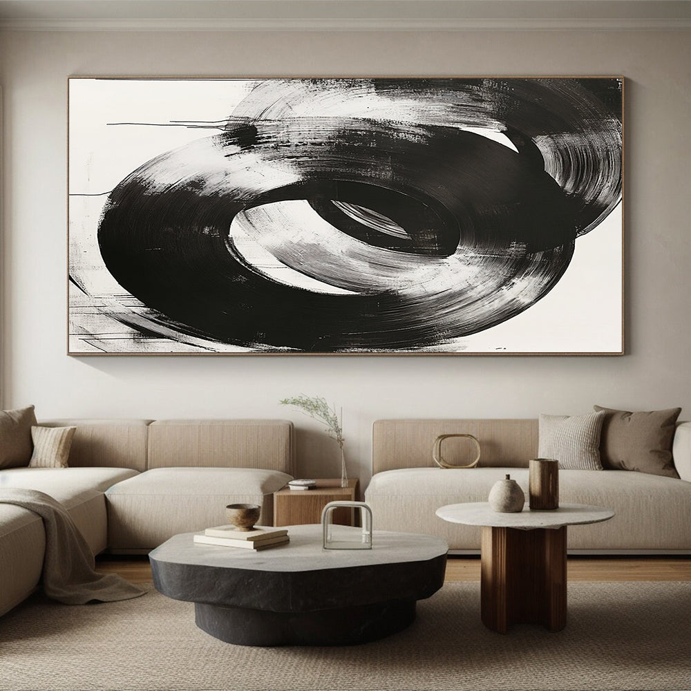 Black, White, Overlapping Circular Strokes "Ink Rings" Abstract Minimalist Painting On Canvas HB136