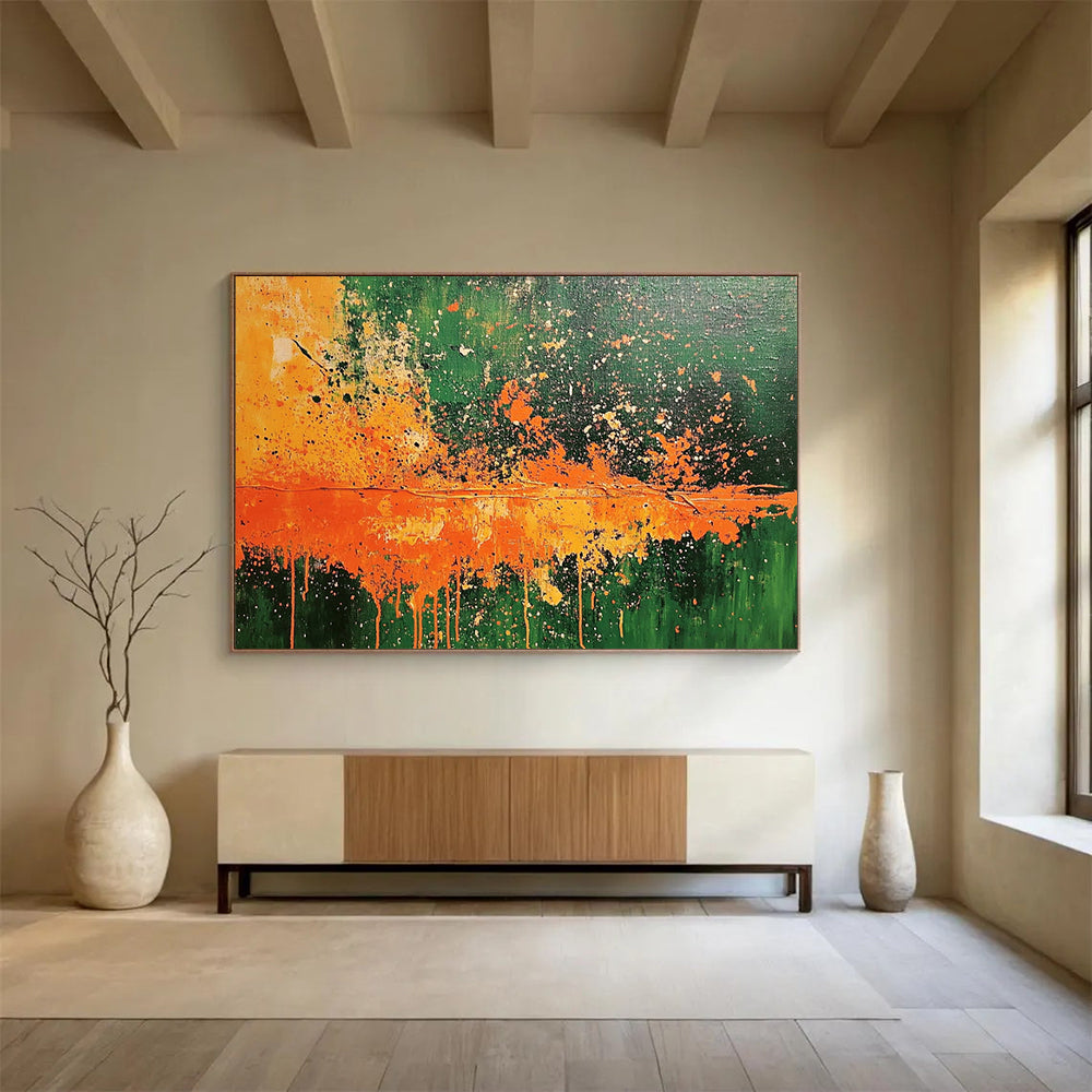 “Explosive Green and Orange” - Bright Greens, Oranges, and Whites, Energetic Splatter - Style Abstract Painting On Canvas HB0911