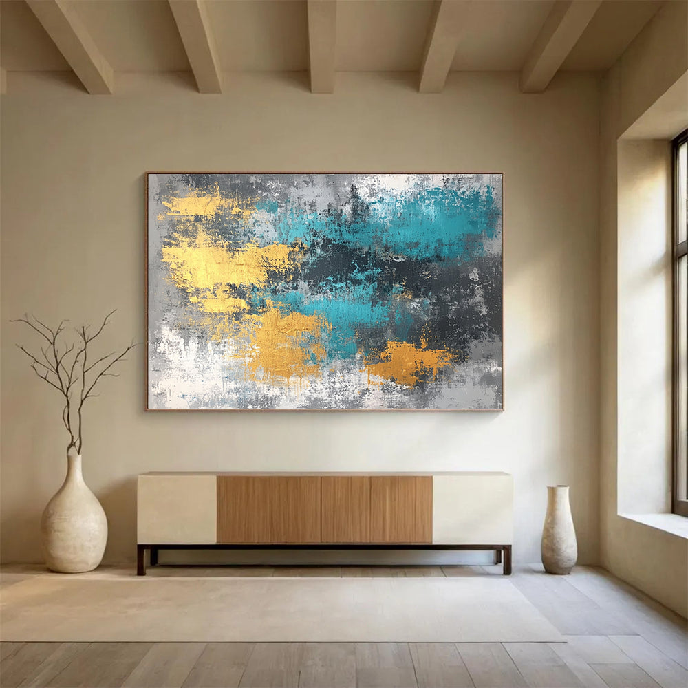 “Gold Teal Gray Abstract Textures” - Gold, teal, gray; Abstract with textured brushstrokes HB1286