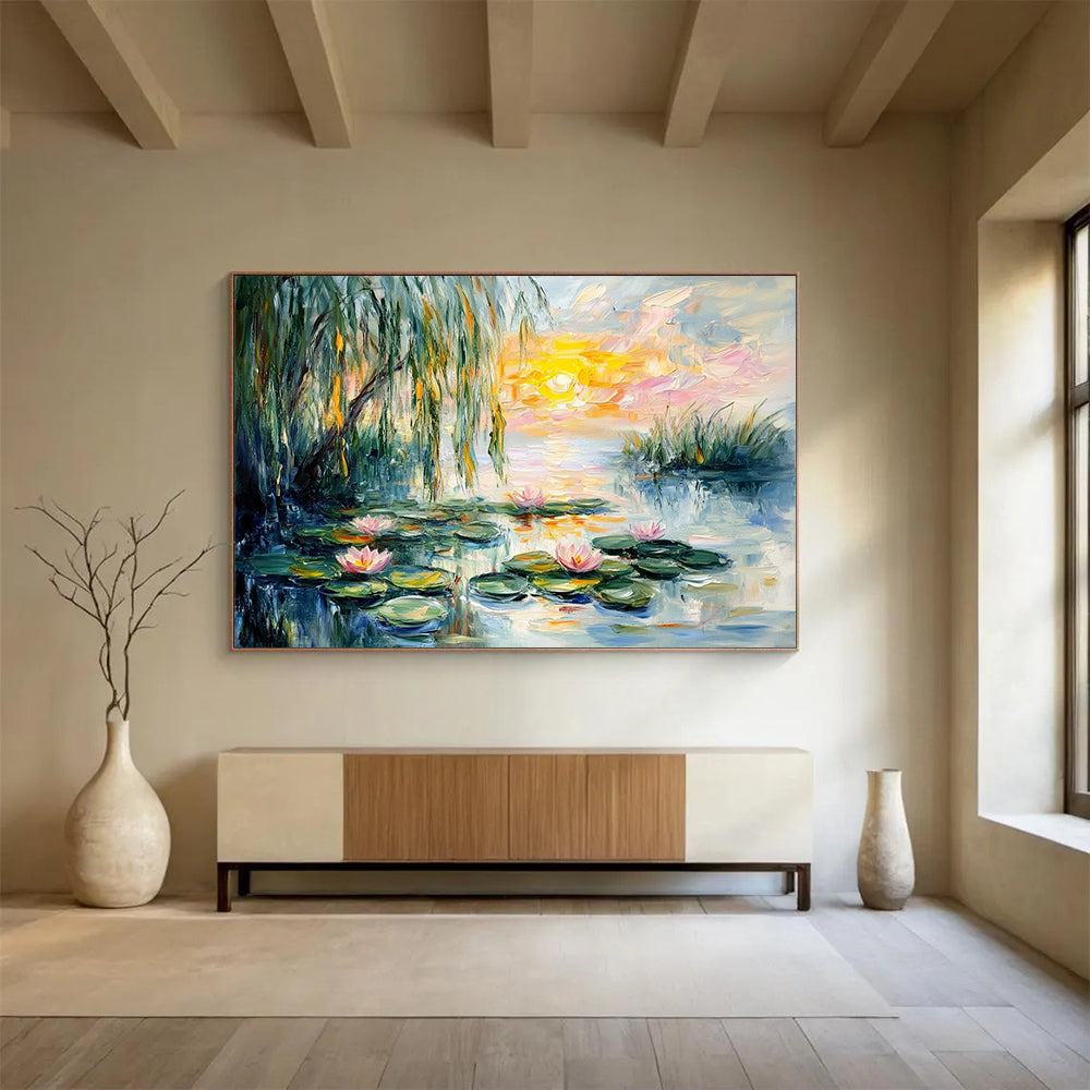 “Sunset Water Lilies” - Pink, Yellow, Green, Water Lilies, Sunset - Impressionist Oil Painting HB1680