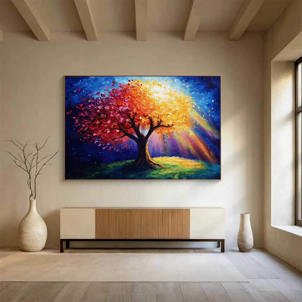 “Magical Tree with Colorful Blossoms and Light” - Blue, Red, Orange, Yellow, Magical Tree Scene - Fantasy Acrylic Painting HB1639