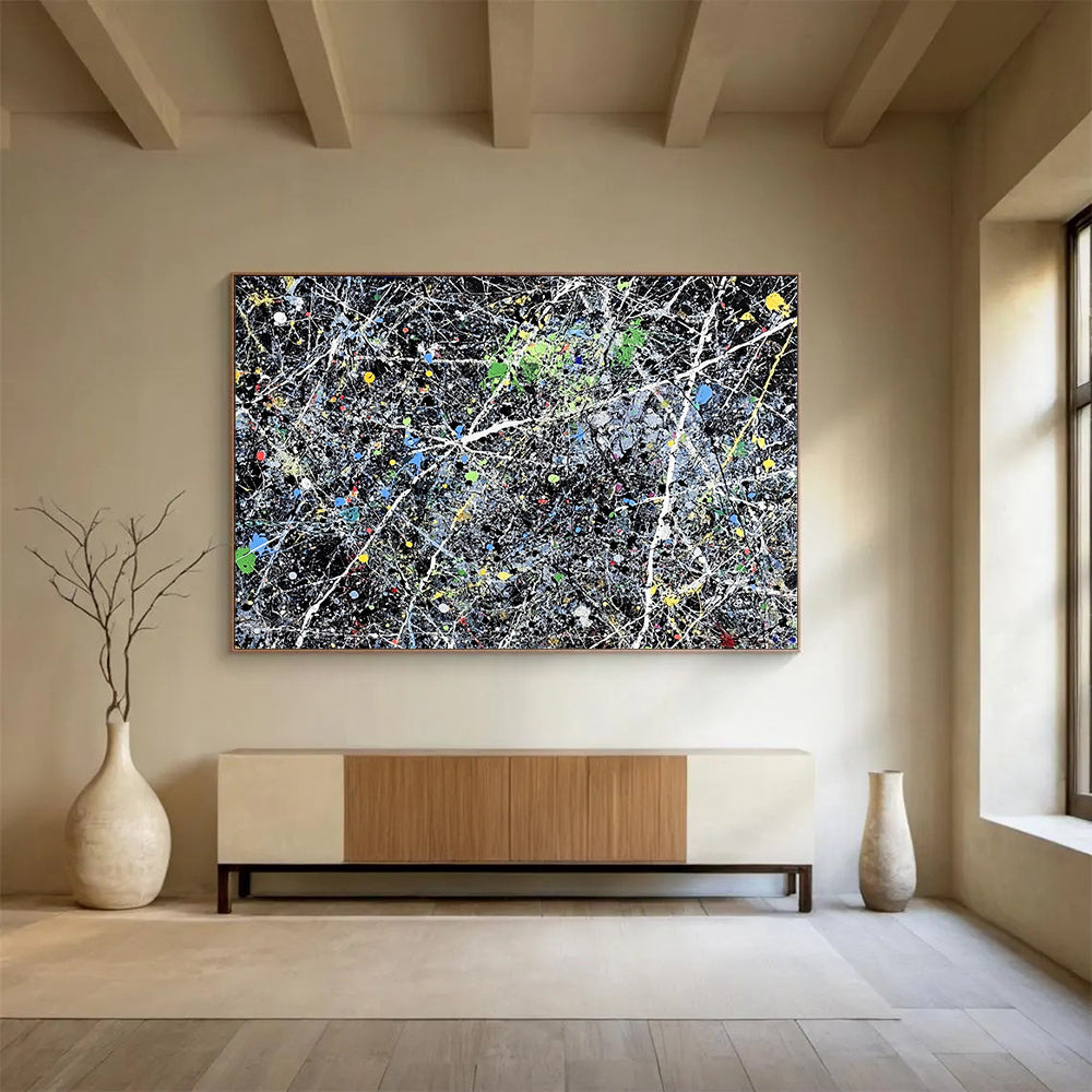 “Colorful Splatter Abstract” - Black, Colorful Splatters, White Lines - Painting On Canvas HB1433