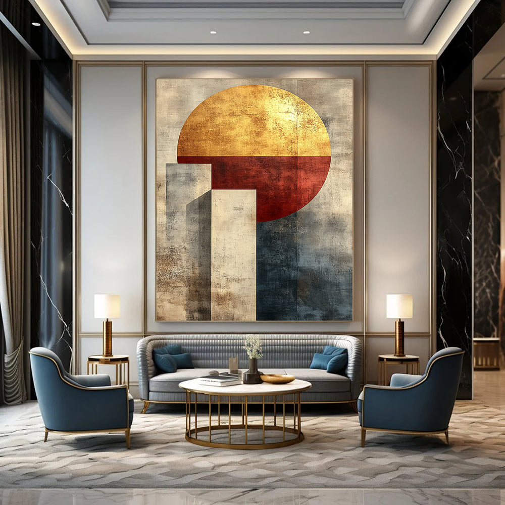 Contemporary abstract artwork featuring minimalist boho geometric shapes in muted tones with gold accents and a textured canvas finish. DLZ1343