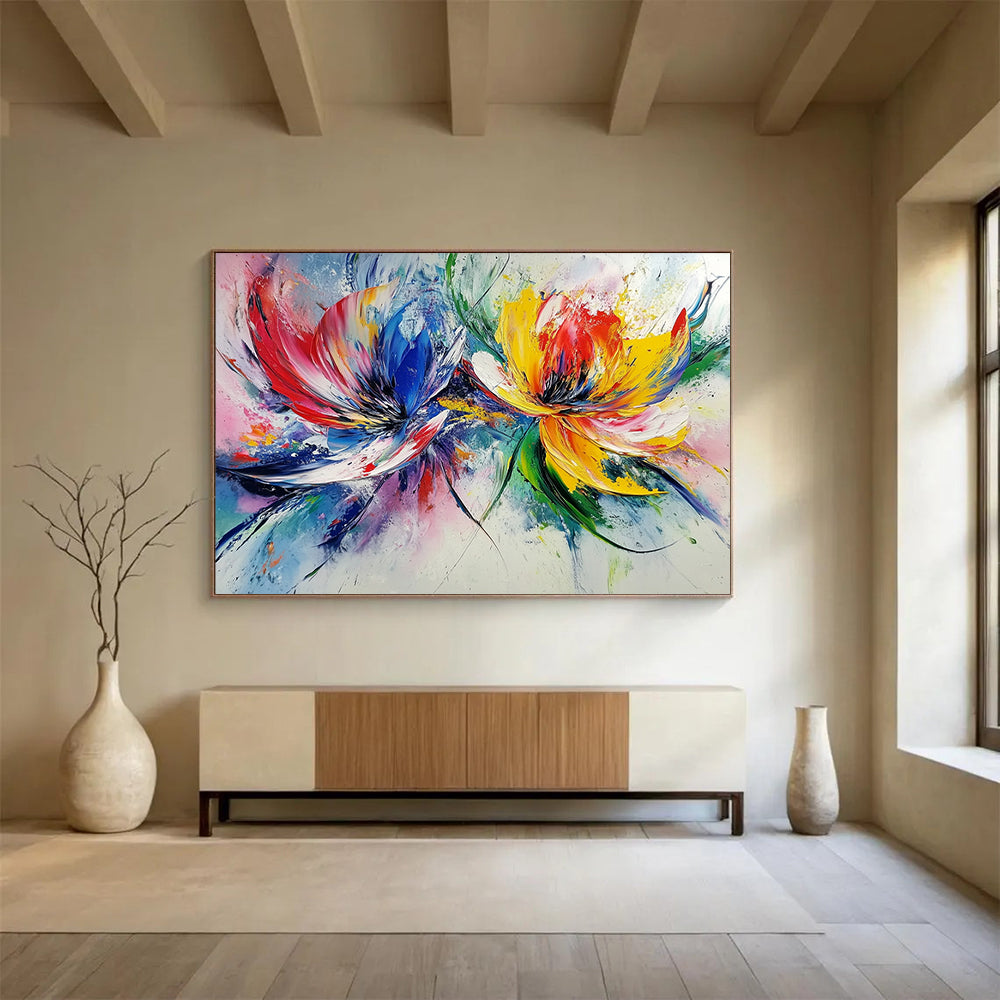 “Colorful Floral Burst” - Red, Blue, Yellow, Abstract Flowers - Fauvist Acrylic Painting HB1512